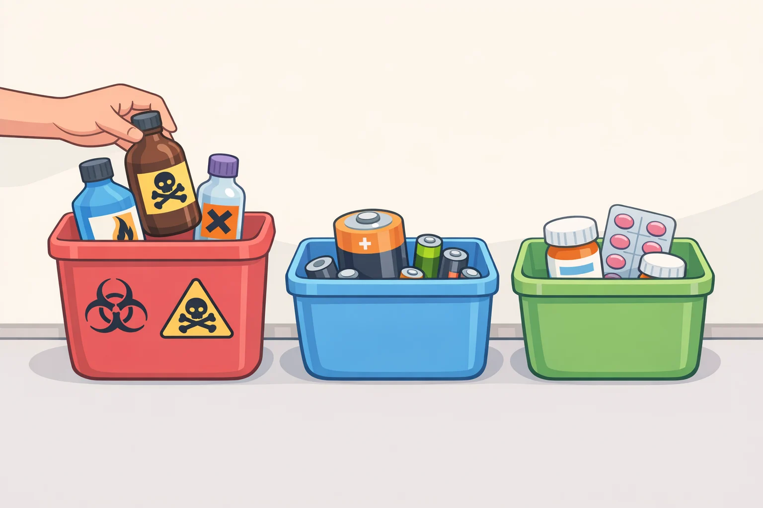 A staged layout of household hazardous waste handling: labeled original chemical containers, taped or bagged batteries, and a sealed medication box for a take-back program