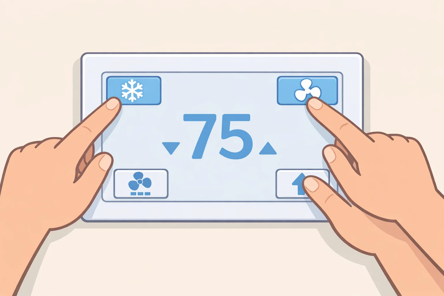 Close-up thermostat showing cooling mode selected, fan set to auto, and target temperature set 3–5 degrees below the current room temperature