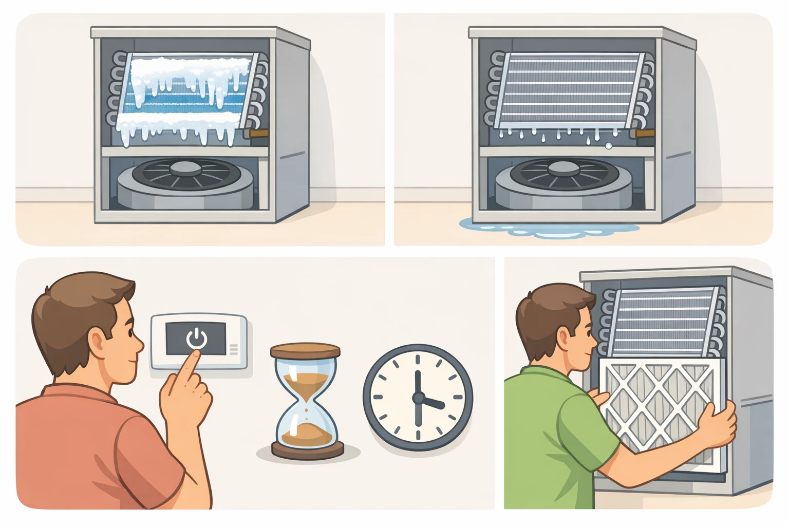 Illustration of an HVAC system with ice on an indoor evaporator coil, a fresh replacement air filter placed for installation, and a note about how to tell if your AC condenser is bad versus normal defrost-related frost