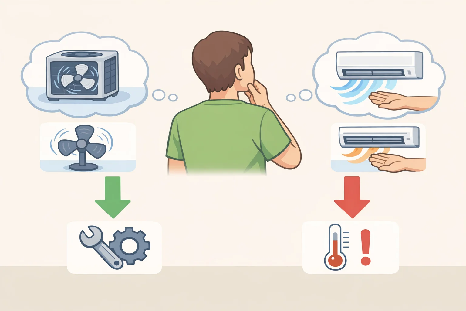 Checklist-style diagram showing how outdoor fan behavior and indoor air being warm (instead of properly cold) point to possible compressor, low refrigerant, or airflow issues rather than confirming a bad AC condenser