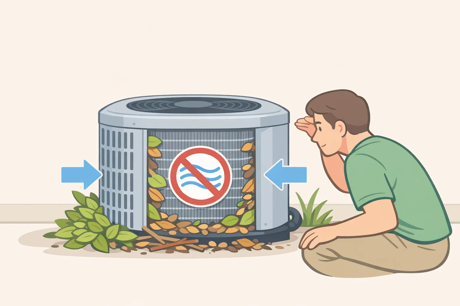 Illustration of a central AC outdoor condenser with leaves blocking the coil and insufficient clearance on the sides, showing how restricted airflow can mimic condenser failure