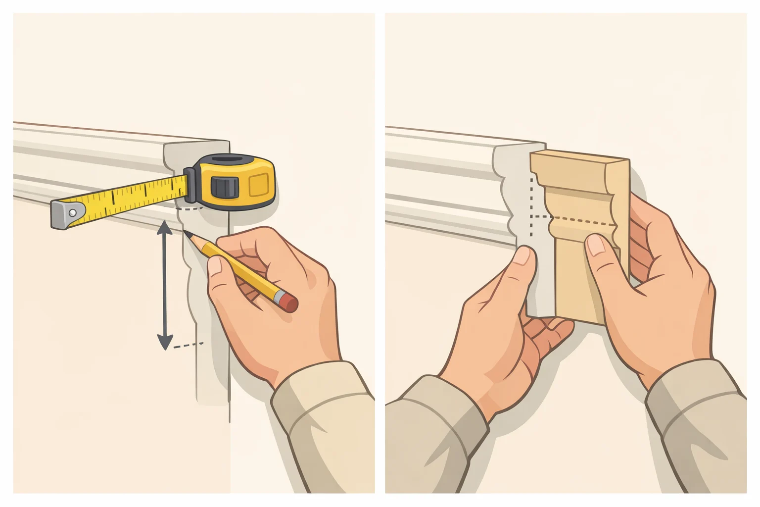 Illustration of a renter measuring existing wall trim profile and checking attachment points to ensure a new molding piece can be removed cleanly at move-out