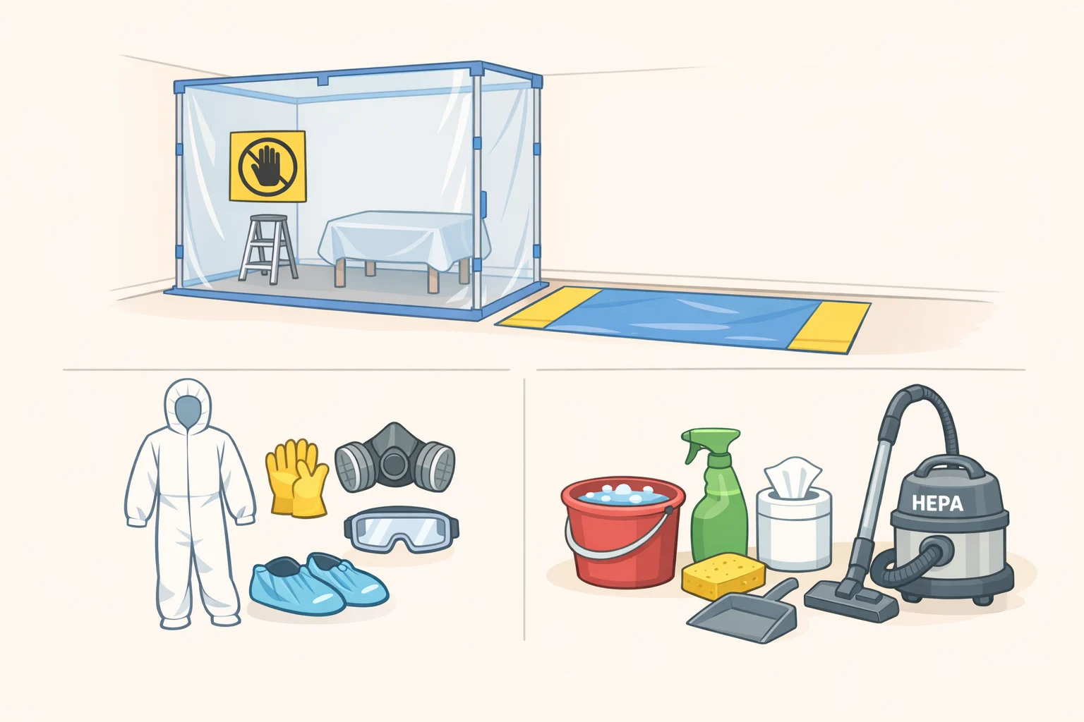 Illustration of a lead-safe work area with plastic containment barriers, protective gear, and a cleaning station for dust control during pre-1978 apartment updates