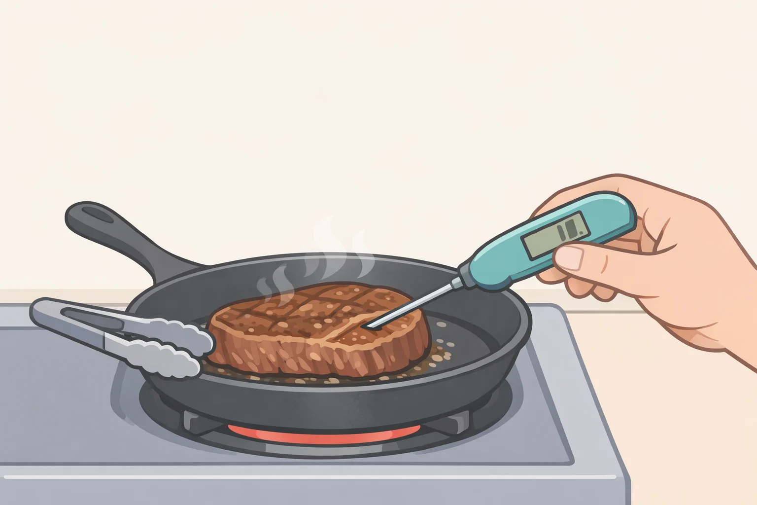Cook inserting an instant-read thermometer through the side of a 1-inch bone-in rib chop, aimed at the thickest meat while avoiding the bone and large fat pockets
