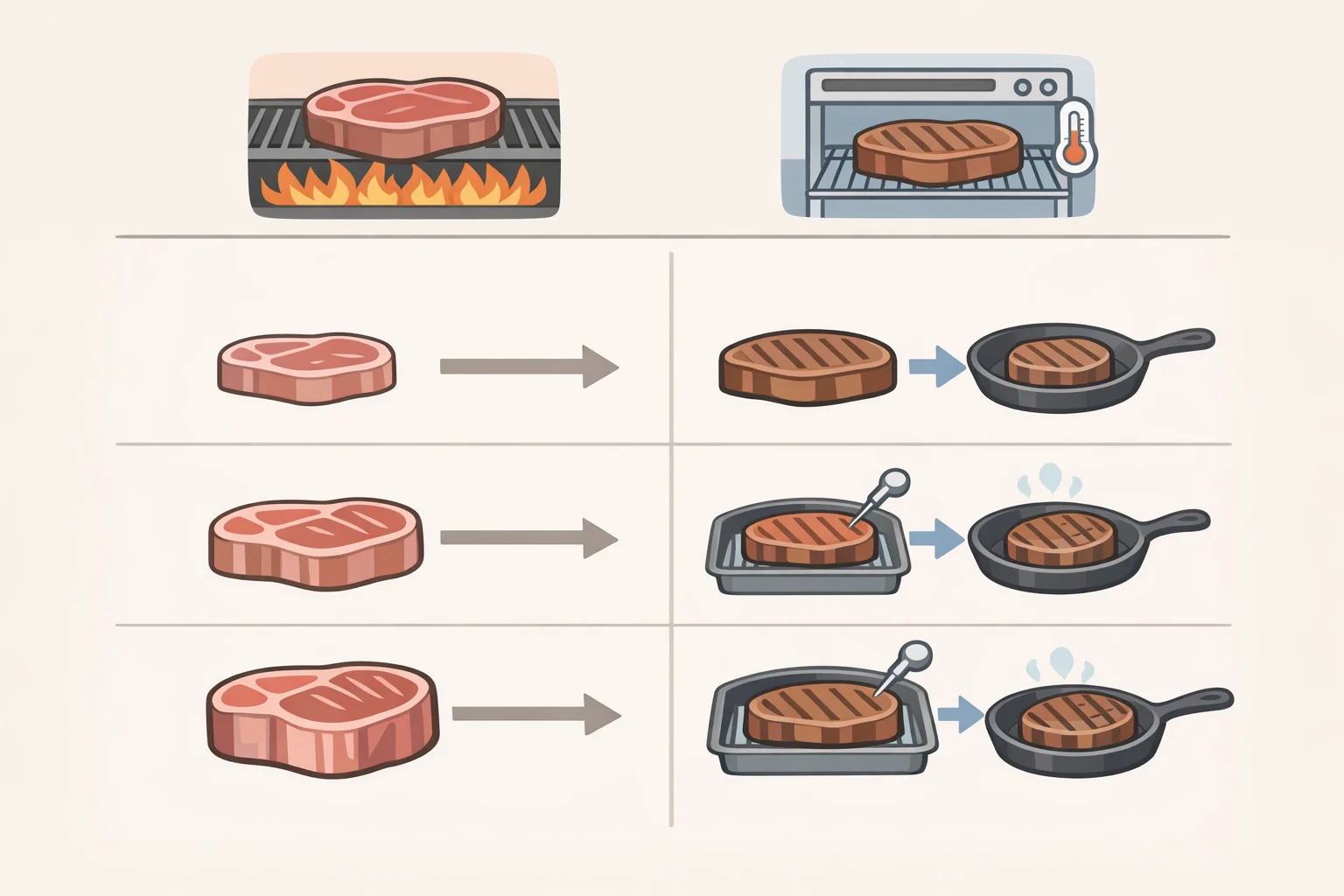 Chart mapping pork chop thickness to direct skillet sear or reverse sear, including the 145°F final temperature guidance for the best pork chop cut for pan searing