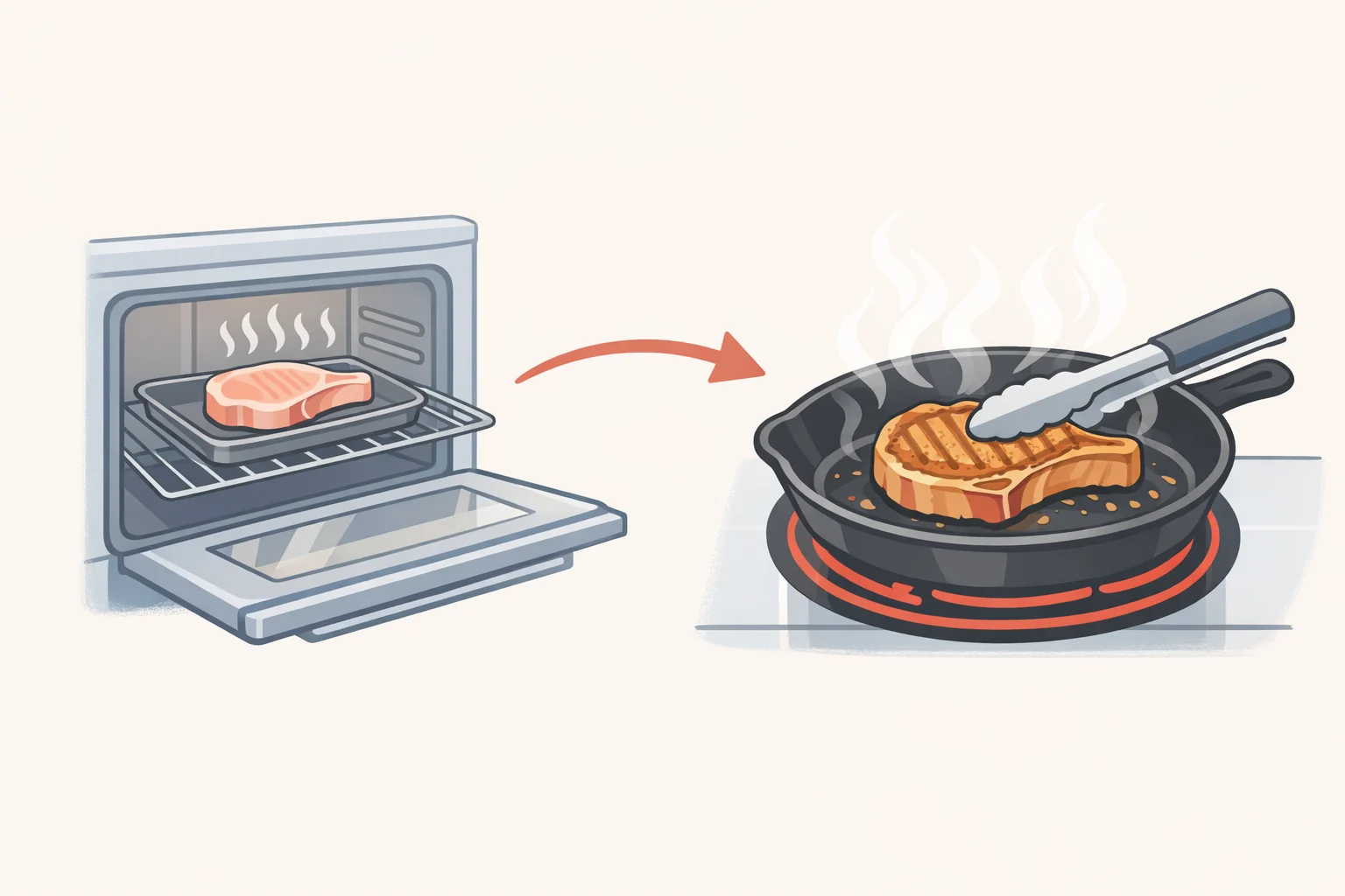 Step-by-step reverse sear sequence showing bone-in rib chops cooking on a rack in a 250°F oven, then being seared in a high-heat skillet until deeply browned