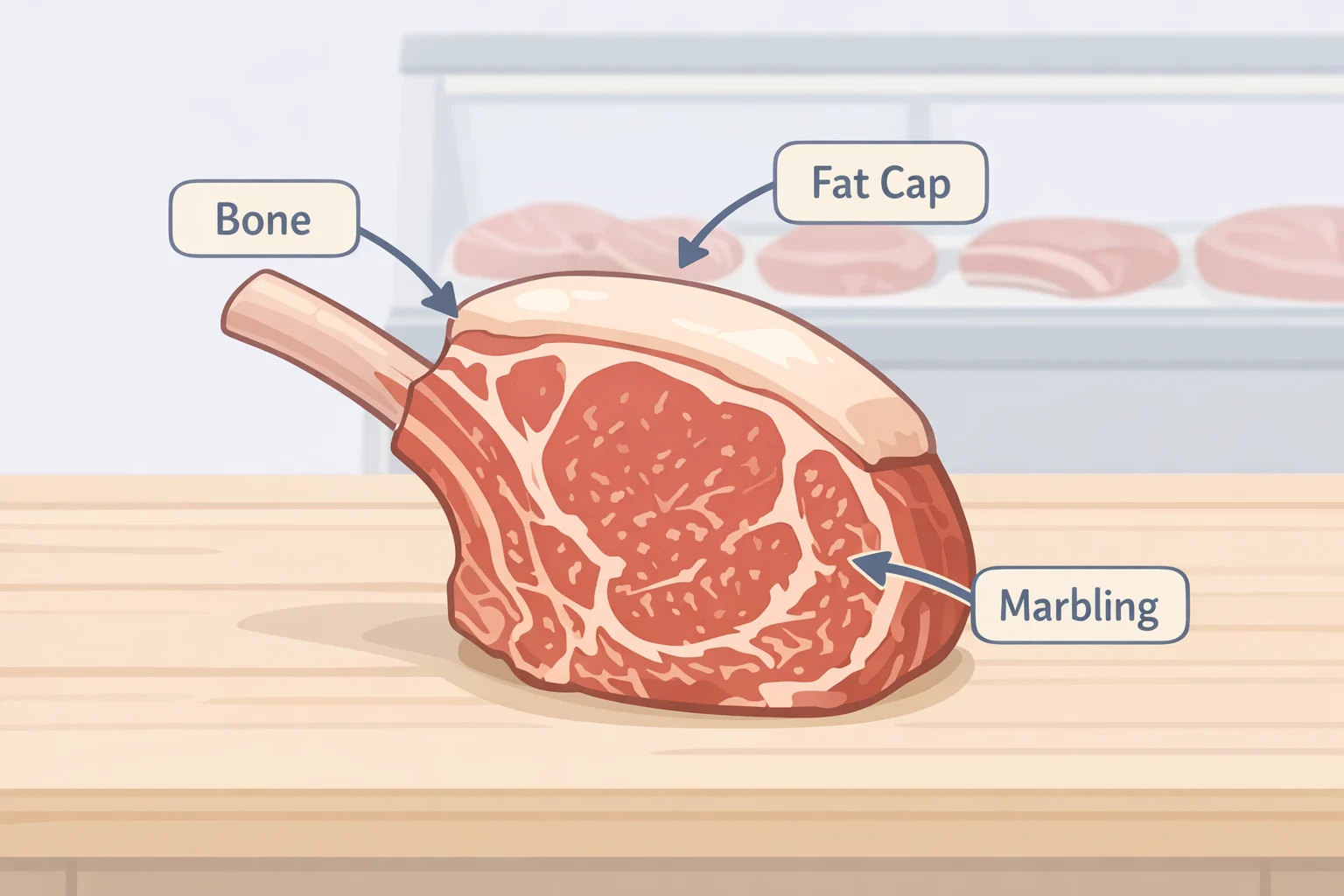 Butcher diagram of a bone-in rib chop highlighting the attached bone, the fat cap along the edge, and marbling threads through the meat