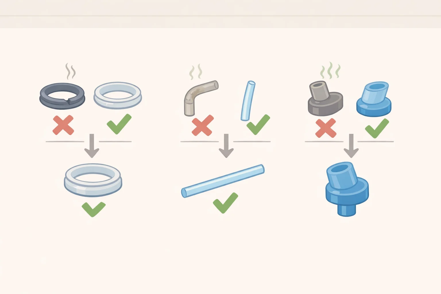 Illustration of a silicone gasket and straw with labels for cracking, warping, and persistent odor spots, indicating when to replace rather than continue cleaning