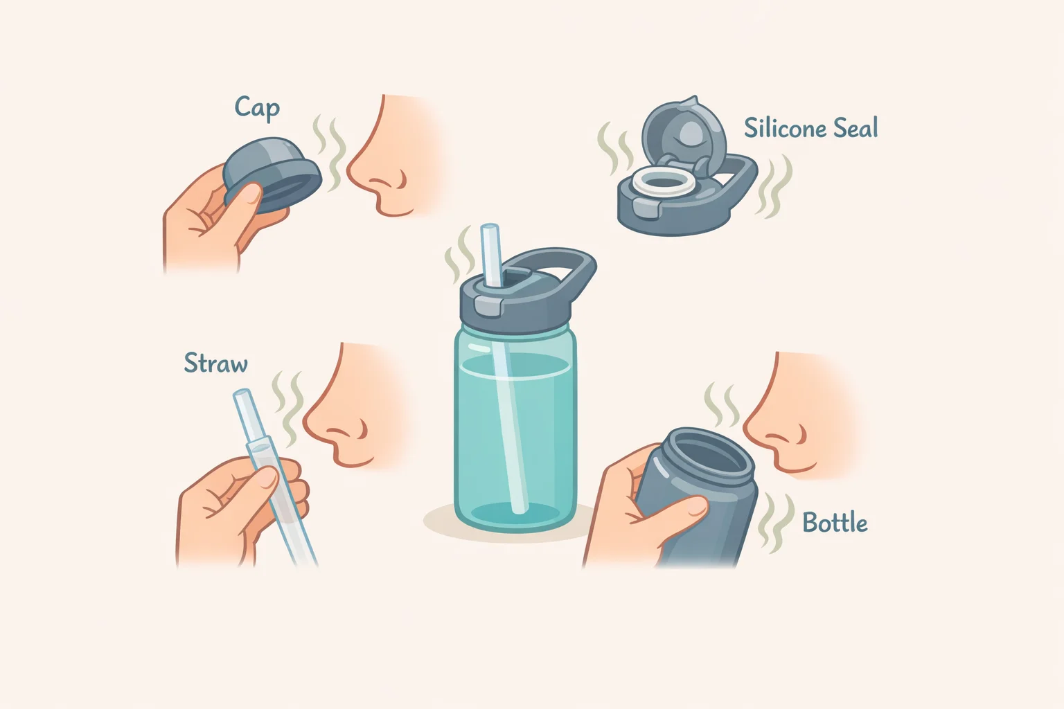 Split illustration showing odor sources: the main bottle body, the silicone gasket channel, and the straw/bite valve, with guidance to re-scrub the correct component first