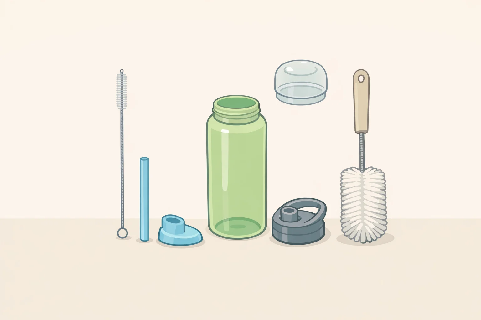 Close-up of a bottle brush sized for the main chamber and a narrow straw brush, showing the tools for how to clean a water bottle lid, gasket, and straw effectively