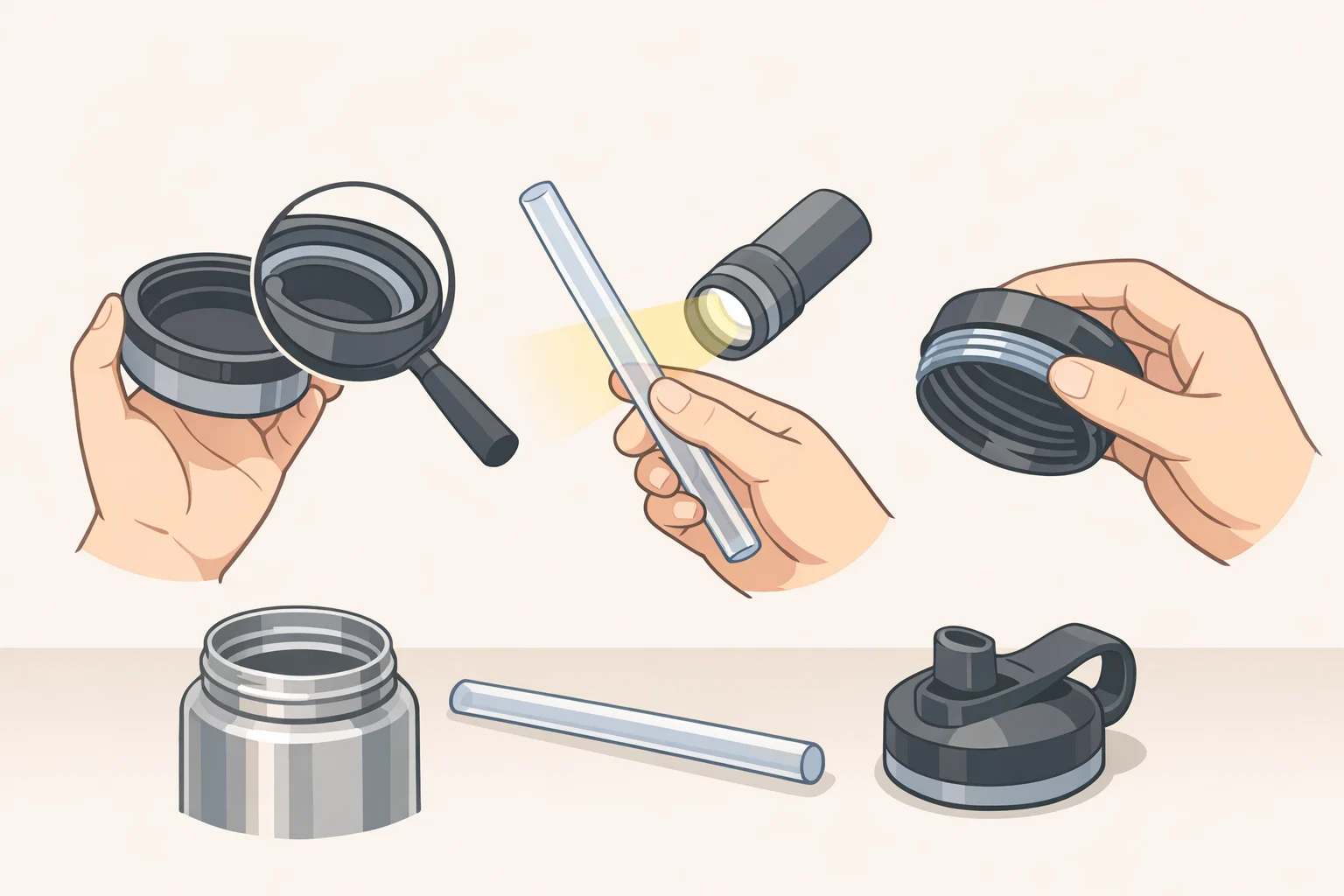 Illustration of a water bottle fully disassembled with arrows pointing to the gasket channel, the inside of the straw, and the threaded area of the lid to show where grime collects