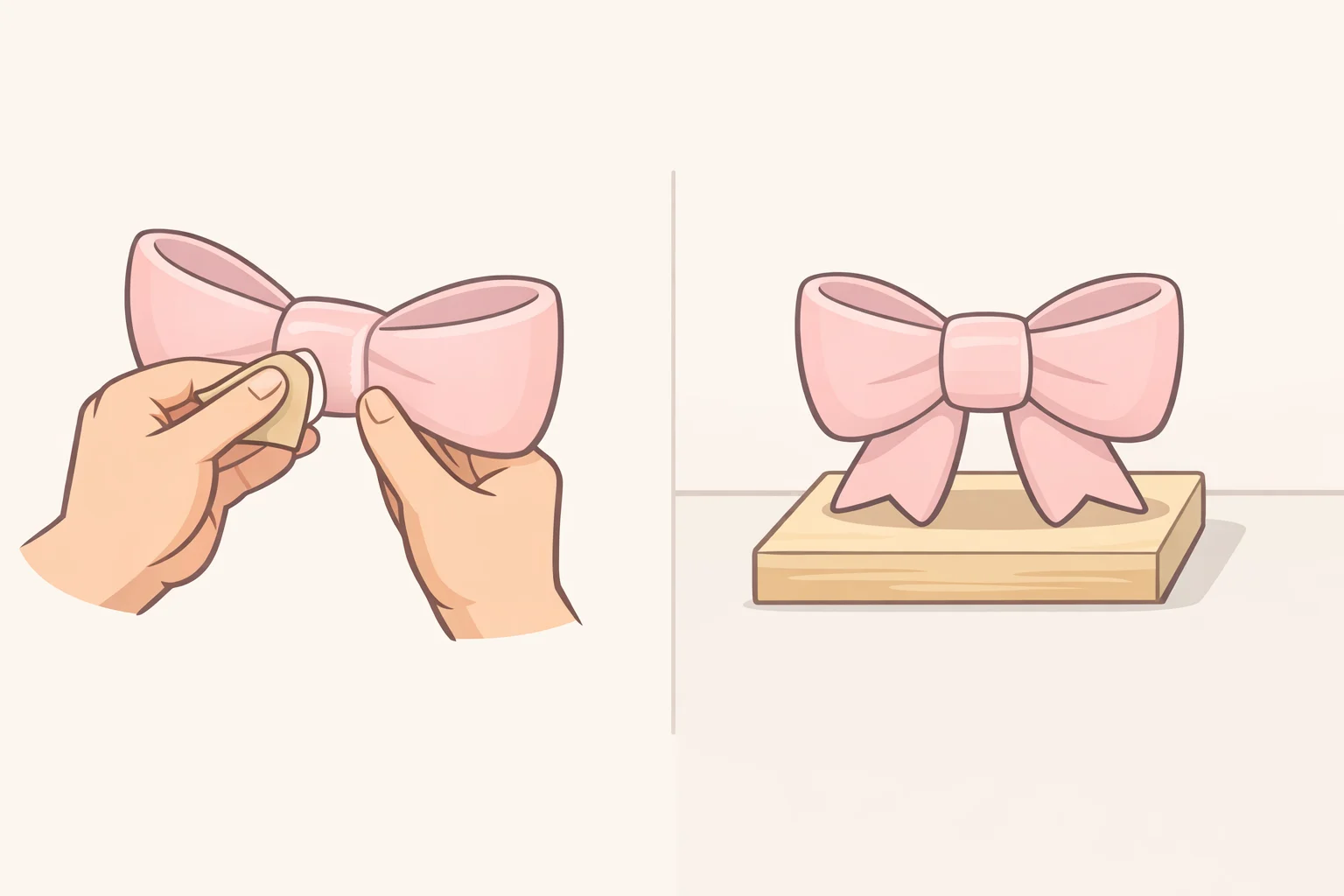A sculptural tabletop bow being smoothed at the seams and positioned on a stable base so the clay cures evenly before painting