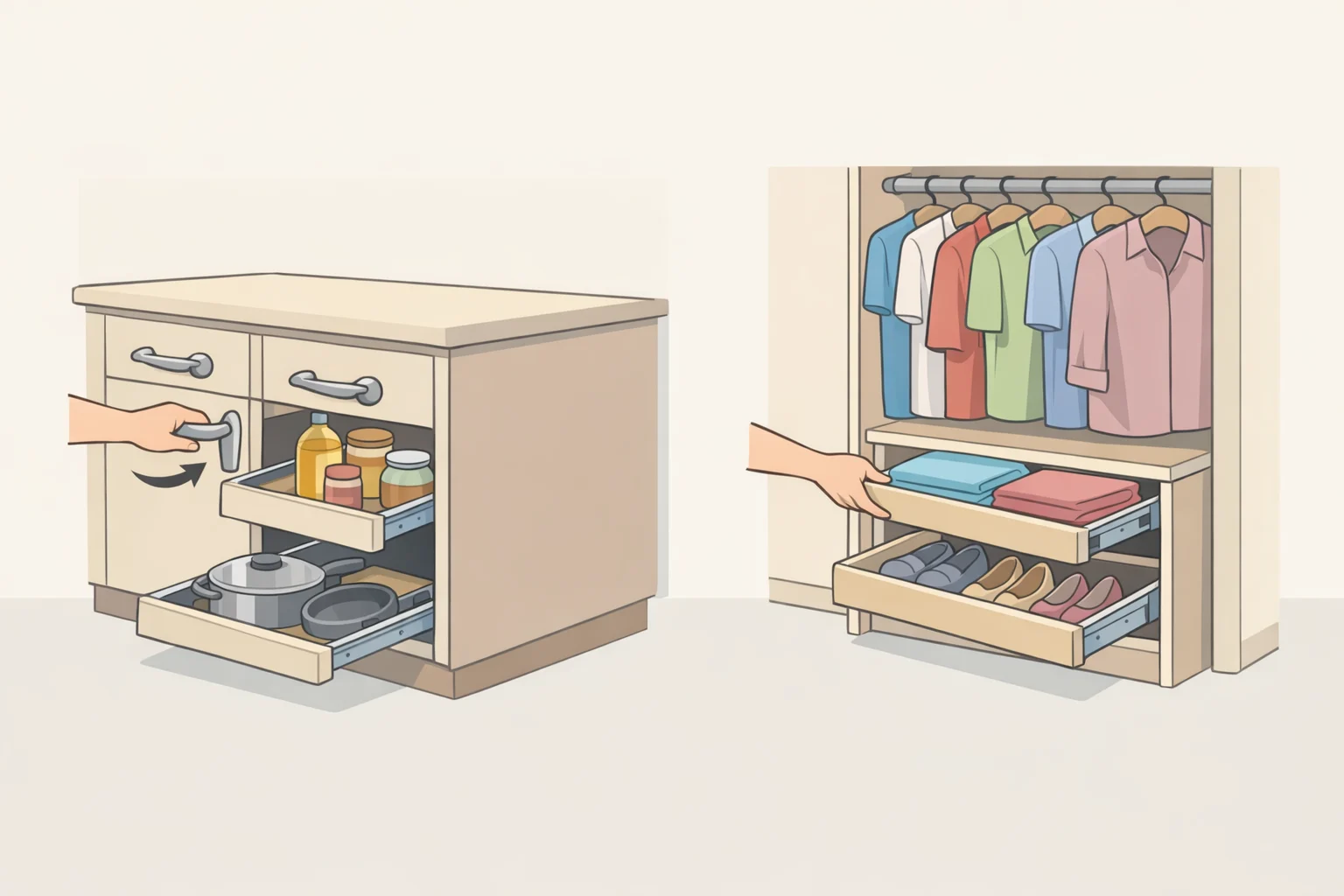 Illustration of accessible kitchen and closet hardware with lever handles plus pull-out shelves and adjustable-height rods positioned within easy reach.