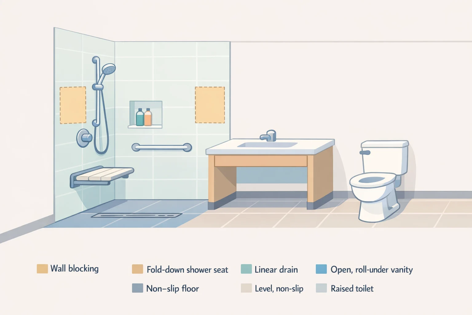 Illustration of a barrier-free bathroom featuring a curbless shower, wider entry, seat, and chair-height toilet, with wall blocking shown behind the finished wall for future grab bar installation.