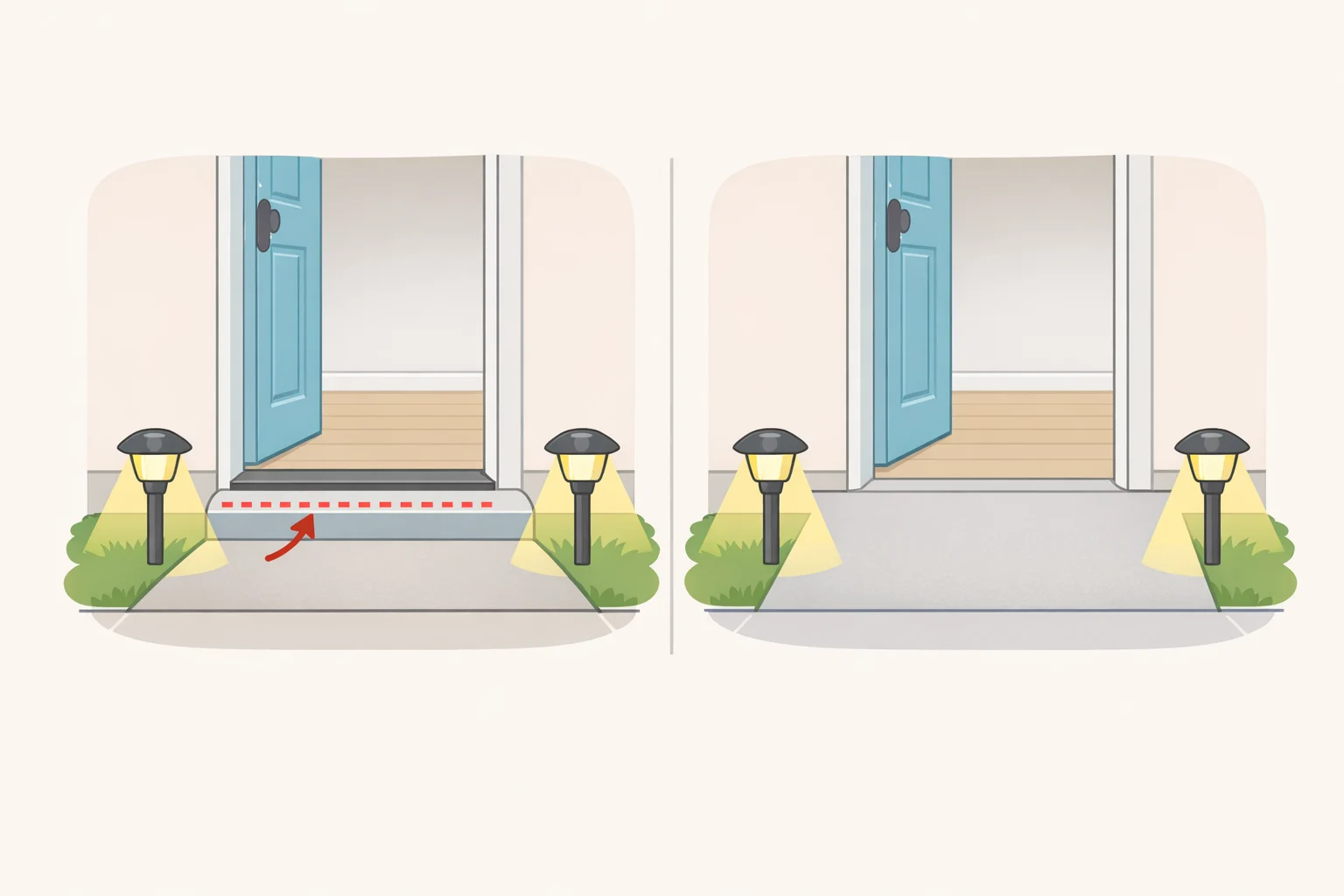 Diagram of a no-step entry with a flat threshold and improved outdoor lighting guiding a person with a stroller or walker from the walkway to the front door—home features that make life easier.