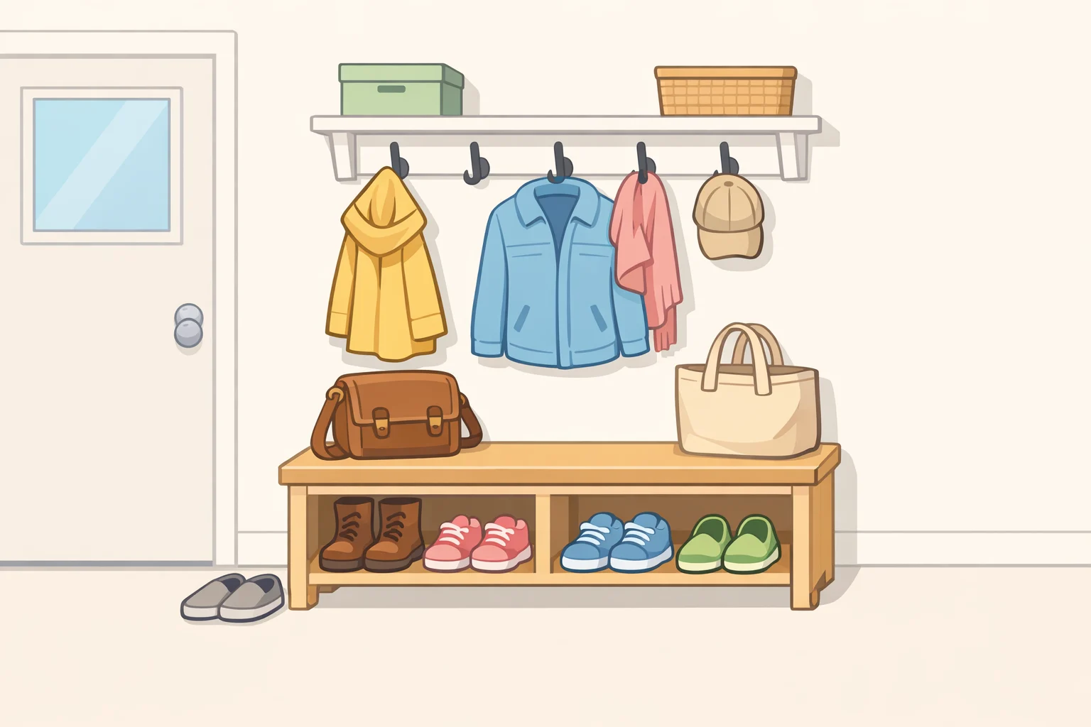 Illustration of a small mudroom drop zone with a bench, hooks, and a shelf near an entry door for coats, shoes, and charging.
