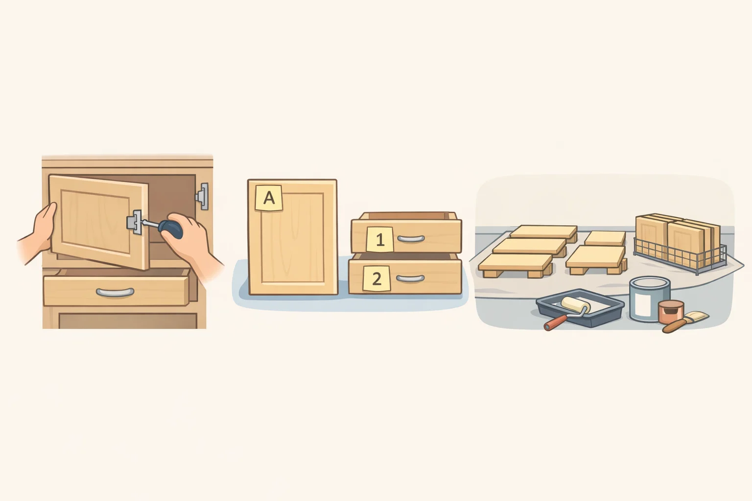 Illustration showing cabinet doors and drawer fronts removed and labeled by location, laid flat on a drop cloth with hardware organized for a DIY green cabinet repaint