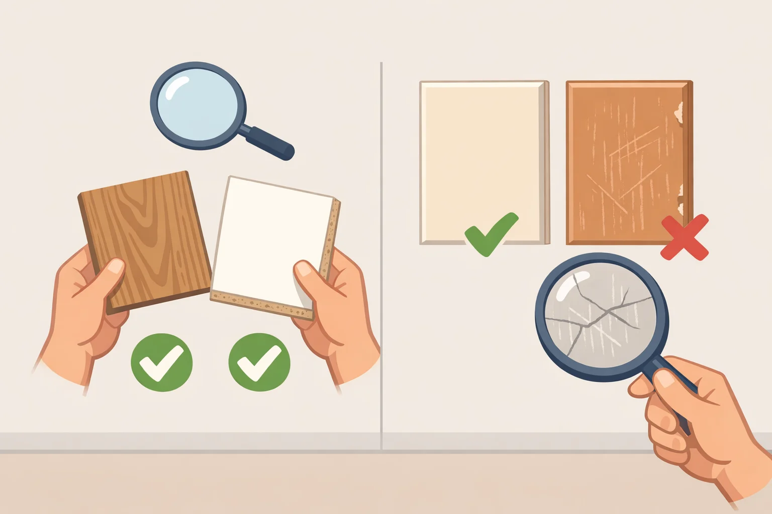 Checklist-style illustration of different cabinet materialssolid wood, veneer, laminate, painted MDF, and thermofoilhighlighting signs like peeling near the stove and moisture staining