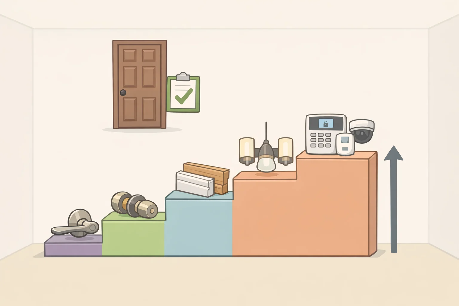 Ranked flowchart-style illustration of spending priorities after cabinet paint testing: complete hardware first, add peel-and-stick backsplash next, choose one fixture swap, then finish with decor and textiles
