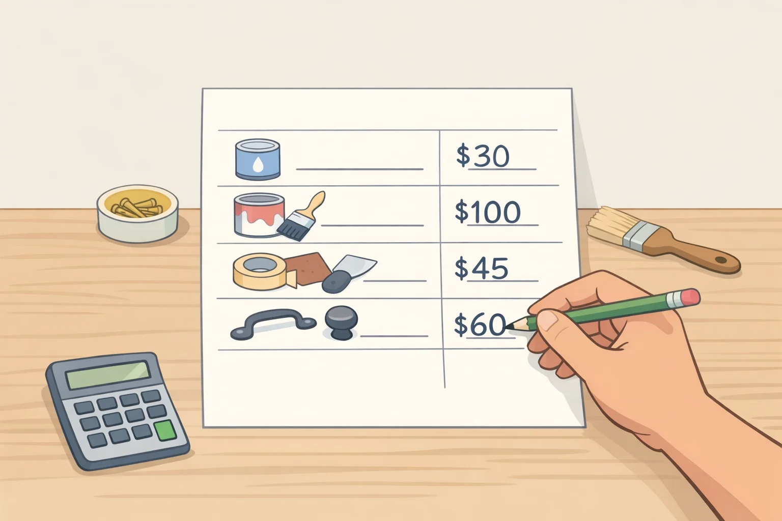 A budget worksheet layout for a budget kitchen makeover with painted green cabinets, listing line items like primer, two coats of paint, degreaser and sanding supplies, hardware counts, and contingency