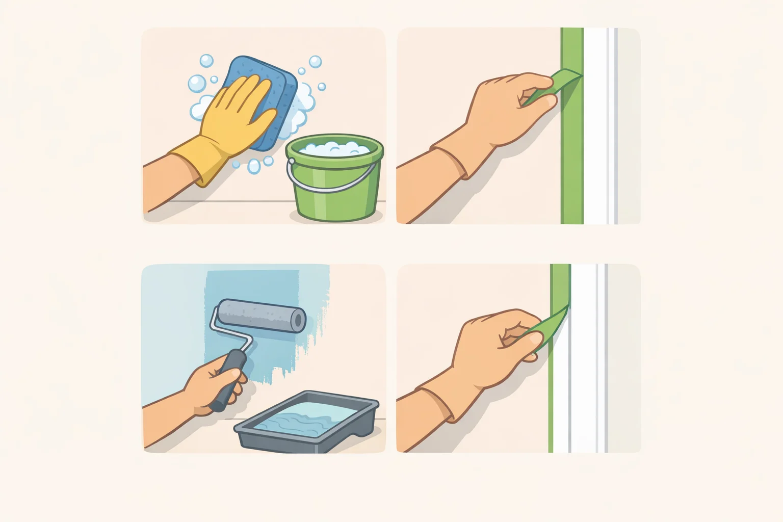 Sequence of steps for painting an accent wall: degreasing the area, patching and sanding, taping trim and countertops, applying thin even coats, and pulling painter's tape
