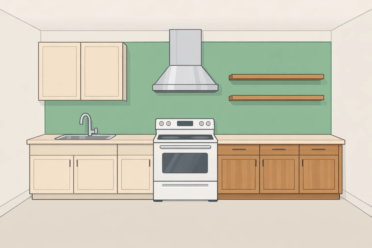 Diagram of a small kitchen using cozy small kitchen paint colors: light neutral on walls with a deeper accent on lower cabinets or one uninterrupted accent wall