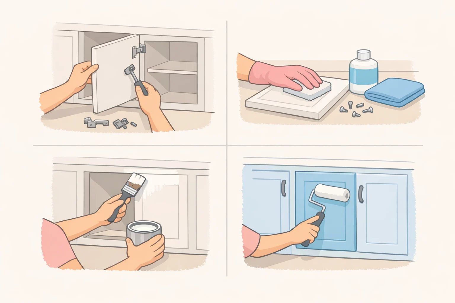 Illustration of cabinet prep for repainting: removing labeled doors and drawers, degreasing and scuff-sanding, applying bonding primer when required, and painting cabinets in thin coats