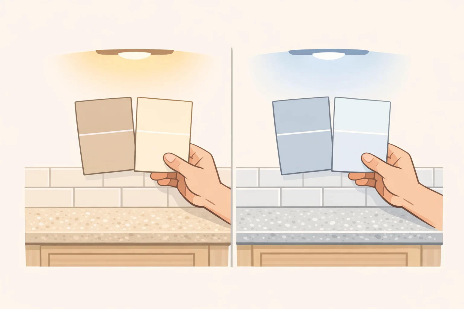 Person holding peel-and-stick paint samples on a kitchen wall to evaluate undertones in daylight and task lighting