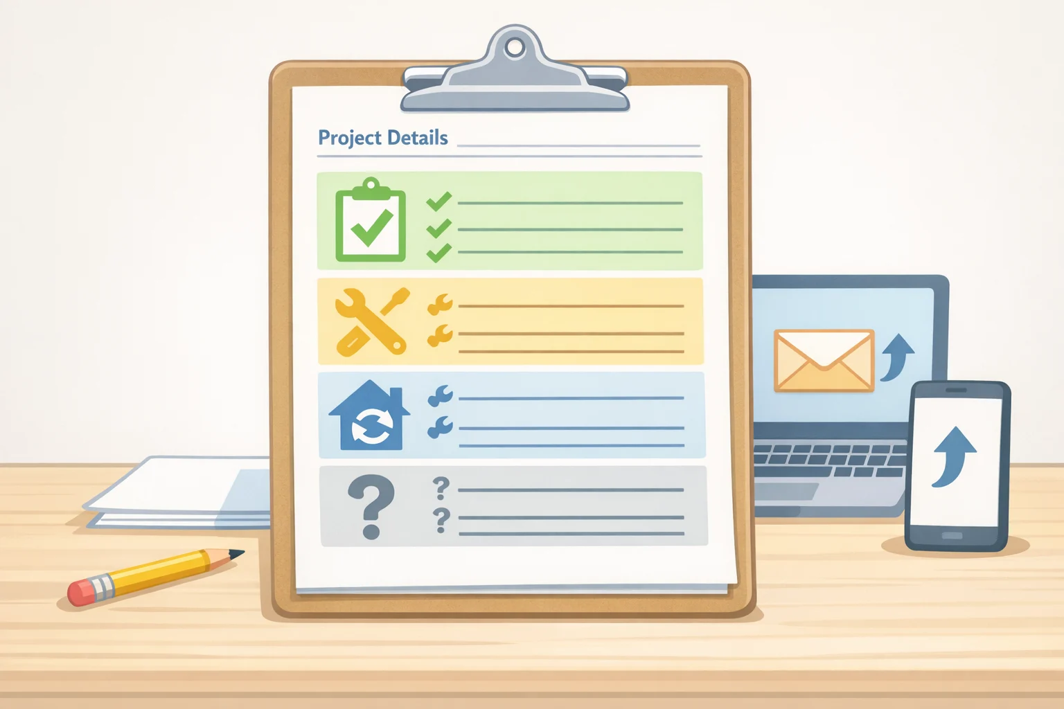 One-page contractor brief checklist for a historic-style bathroom remodel, listing measurements, drain and vent locations, keep/repair/replace decisions, unknown suspect materials, and waterproofing requirements