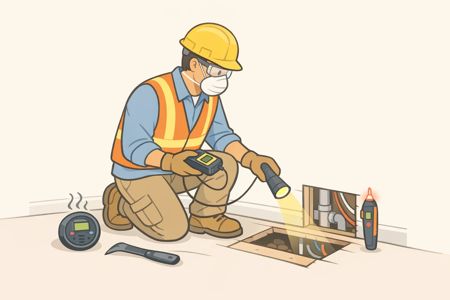 Licensed contractor opening a wall or floor section to inspect the shower floor while leaving surrounding historic finishes intact and directing any suspect material testing before demolition