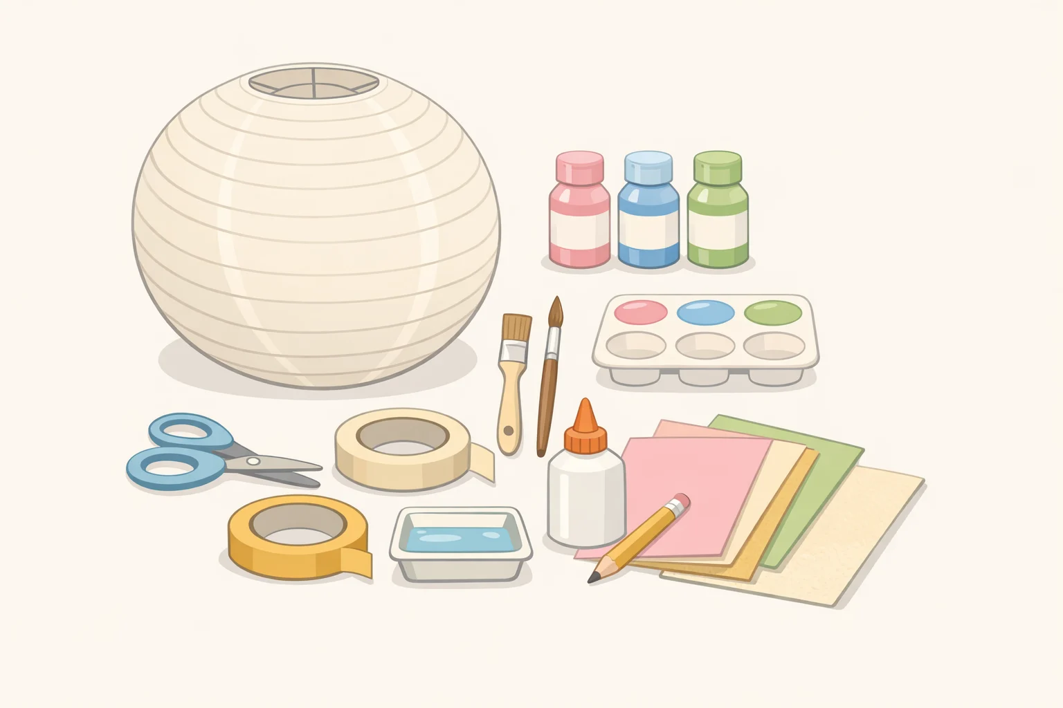 Supplies for an IKEA paper lantern makeover: a REGOLIT paper shade, children’s MÅLA paint, a paint roller, stamp and ink, painter’s tape, pencil and straightedge, scrap paper for testing, and a drop cloth