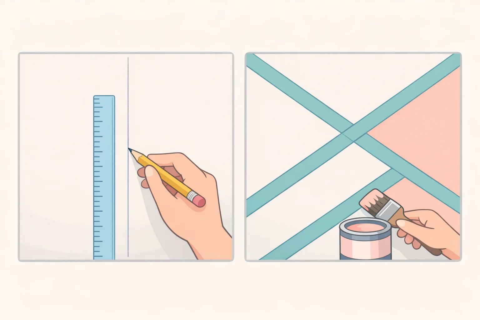 Illustration of freehand geometric lines on a REGOLIT shade: lightly penciled guides with painter’s tape placed for crisp edges before painting the pattern