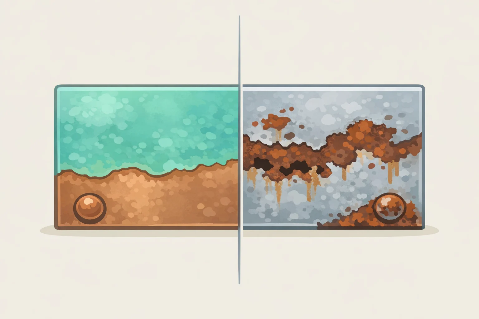 Close-up comparison of brass or silver where gentle oxidation and contact-point darkening indicate patina, while active rust, flaking, and tarnish indicate damage to treat differently