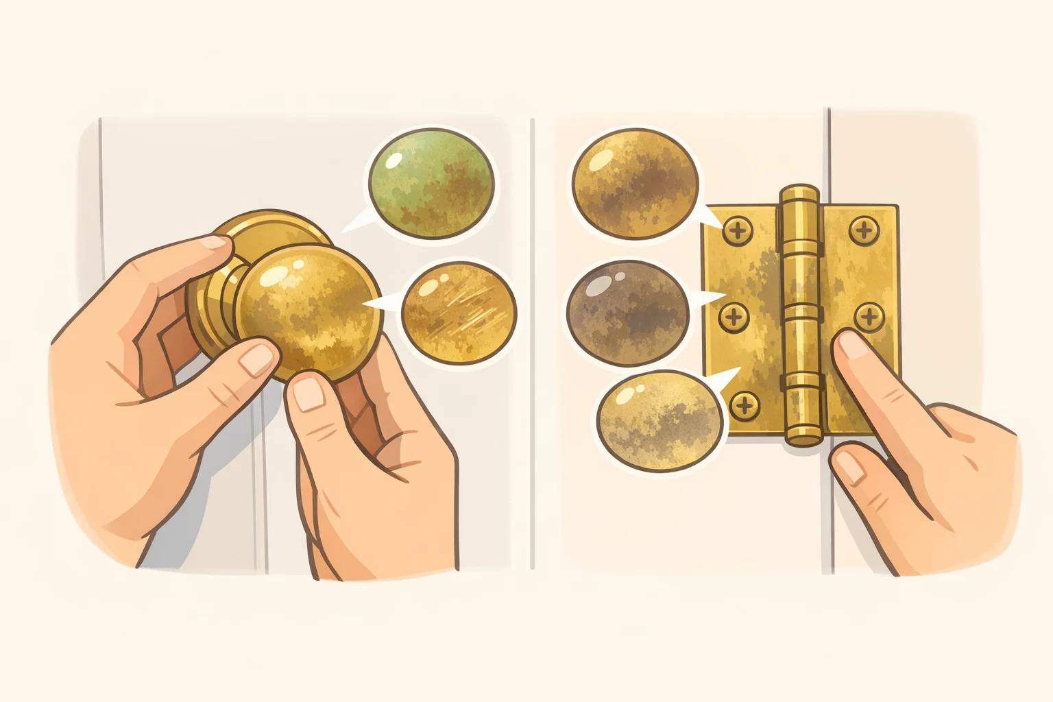 Unlacquered brass cabinet hardware with brighter warm tone at hand-contact points and darker edges, showing how a living finish ages naturally over time instead of staying uniformly shiny