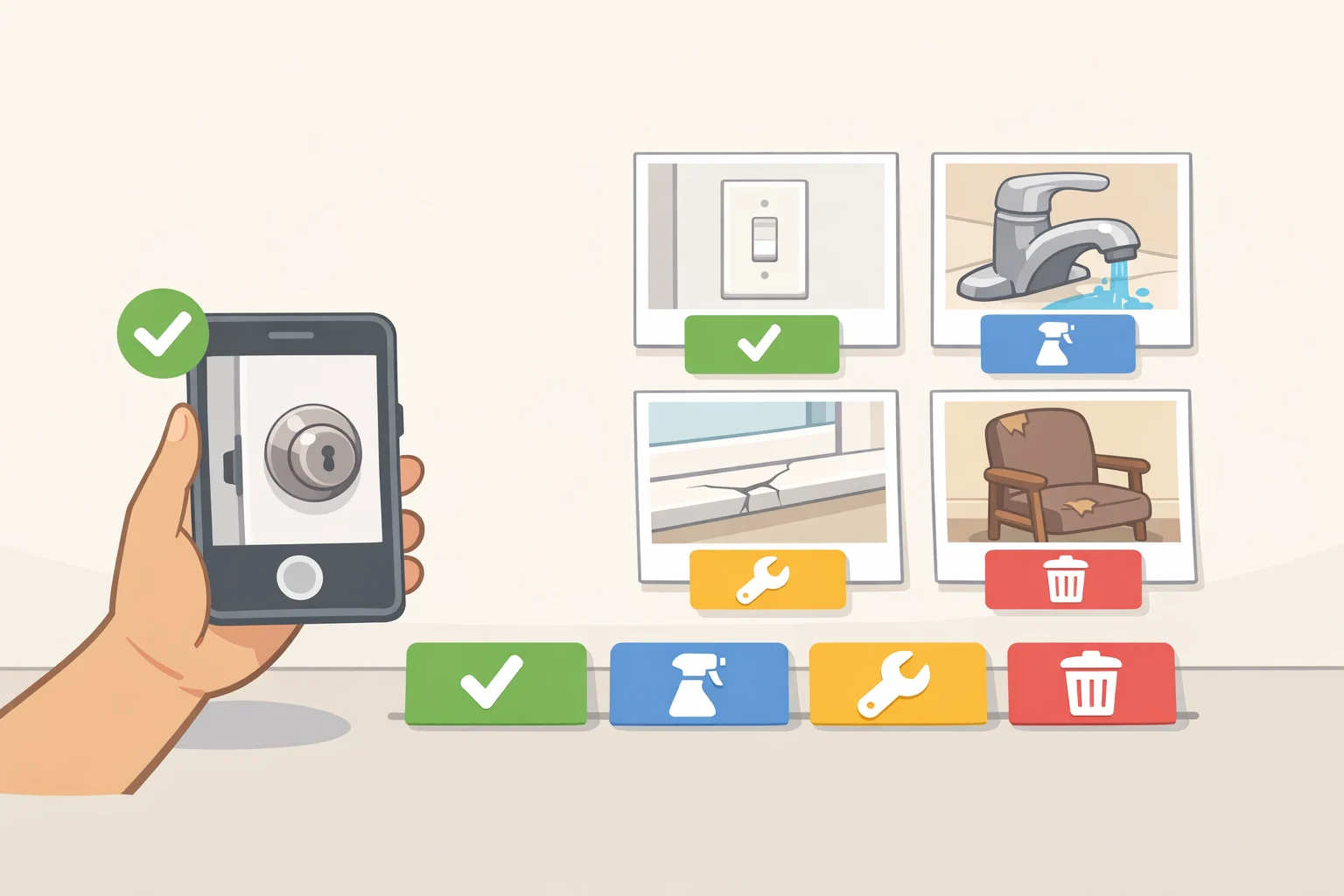 Person using a phone camera and notepad to audit high-touch areas like door pulls, tabletop edges, and chair arms to plan how to make a home feel lived in without overbuying
