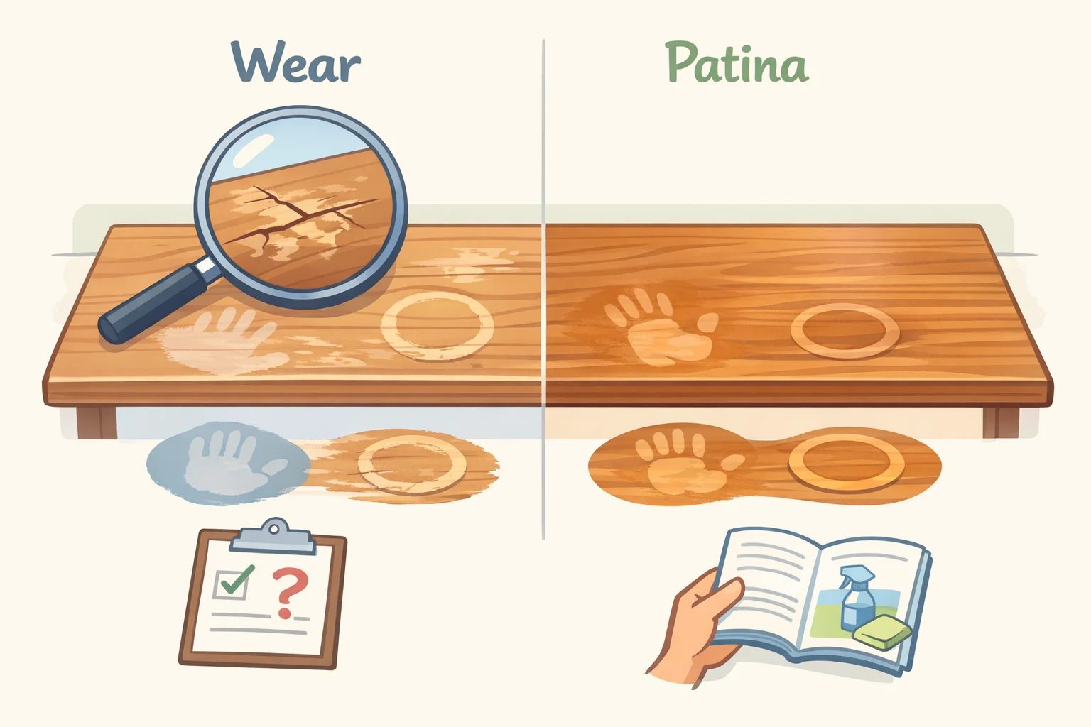 Wood tabletop close-up showing character patina concentrated where hands touch versus wear that suggests damage, alongside a label reminder to follow manufacturer cleaning and oiling guidance