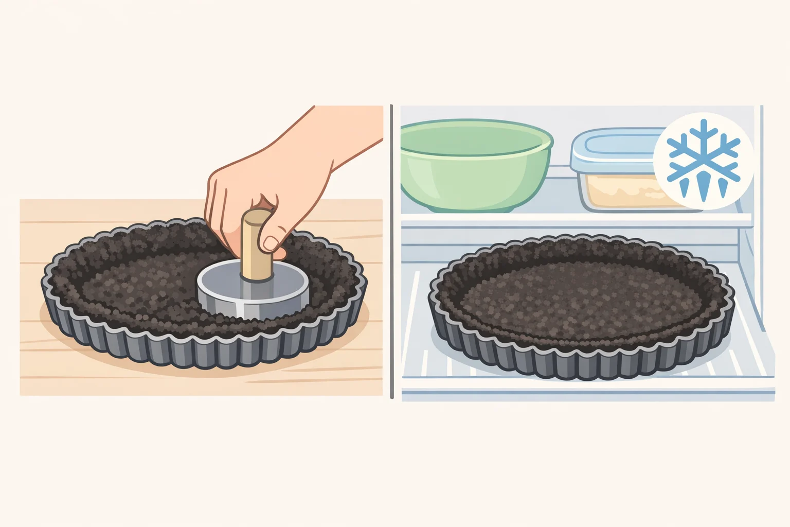 Top view of a 9-inch tart pan with a firmly pressed Oreo crust, then ready to be frozen for the no-bake blackberry Oreo tart recipe