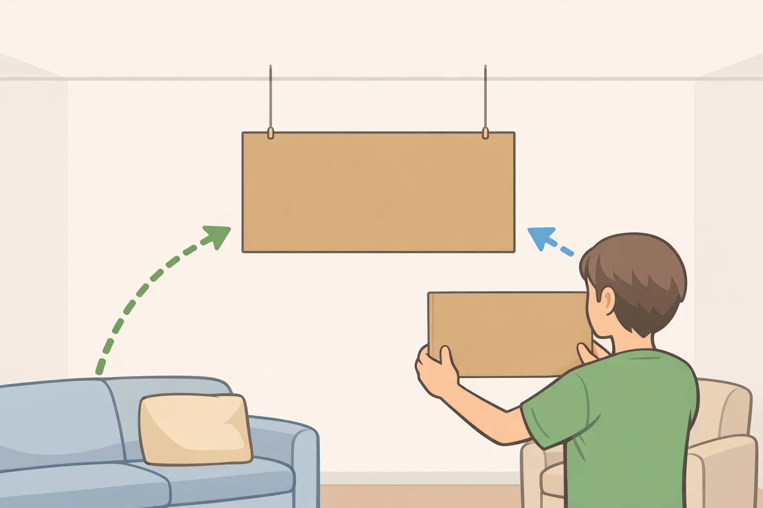 Photo-style mock-up showing a cardboard template suspended at a proposed pendant height, viewed from the main seating to judge scale