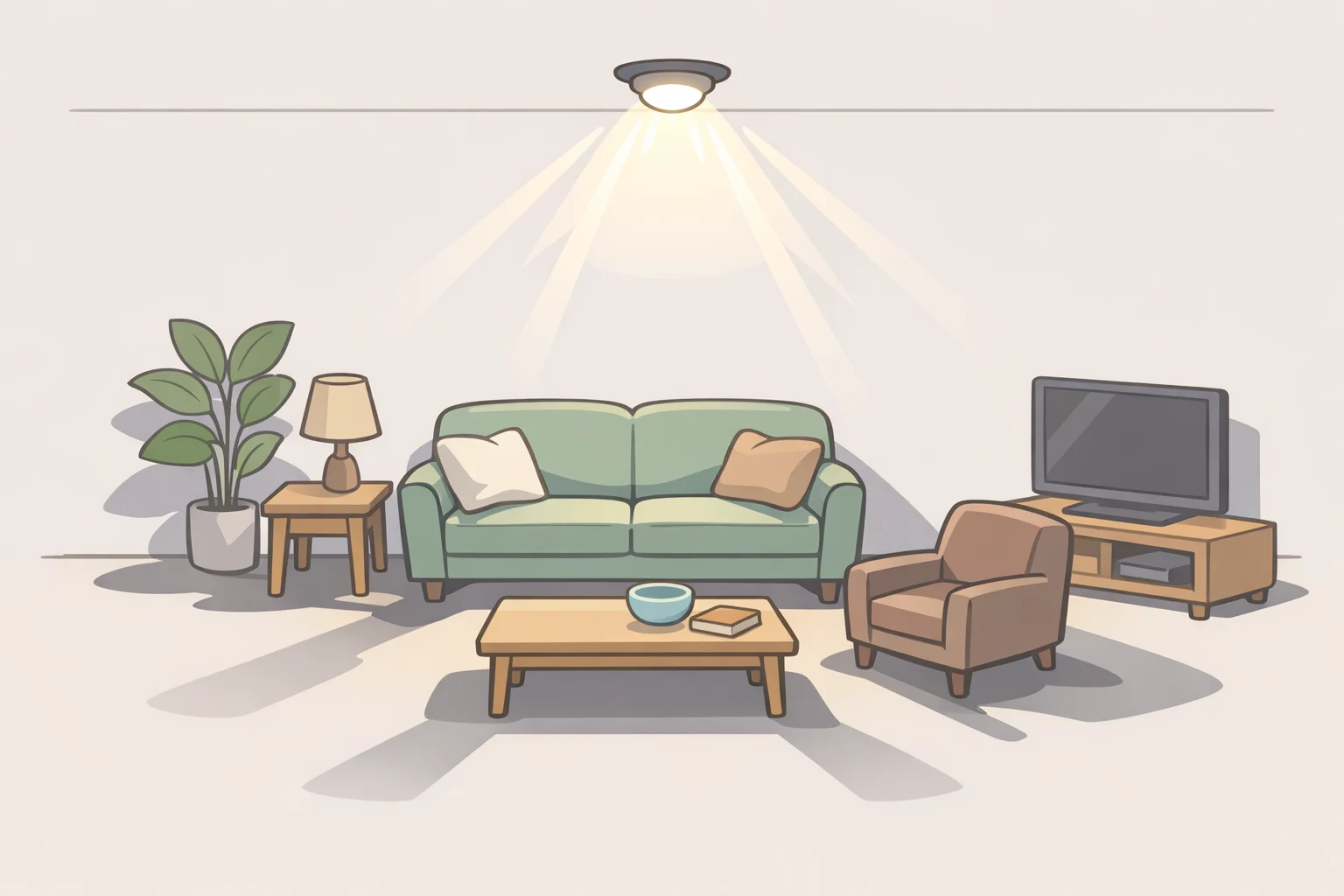 Diagram of quiet luxury living room lighting gone wrong, with a small ceiling fixture creating a bright hotspot and large shadow gaps around the sofa