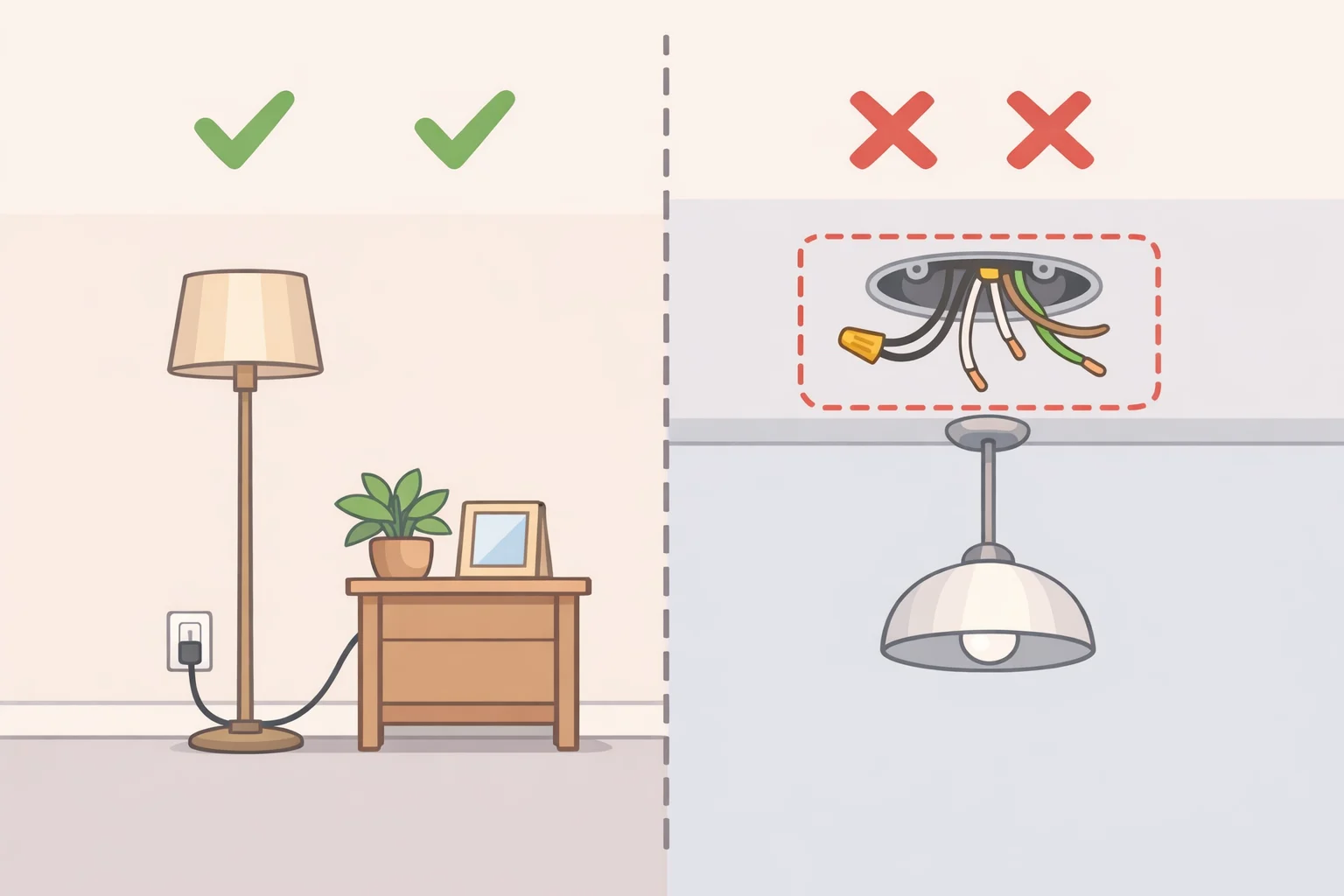 Illustration comparing plug-in floor and table lamp placement (DIY) with a hardwired ceiling fixture task requiring an electrician