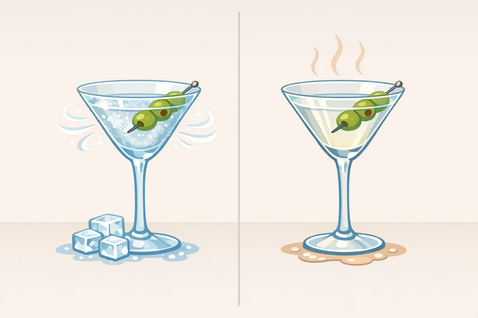 Comparison image highlighting the common mistake of serving in non-chilled glasses versus the recommended step of freezing martini glasses for at least 30 minutes.