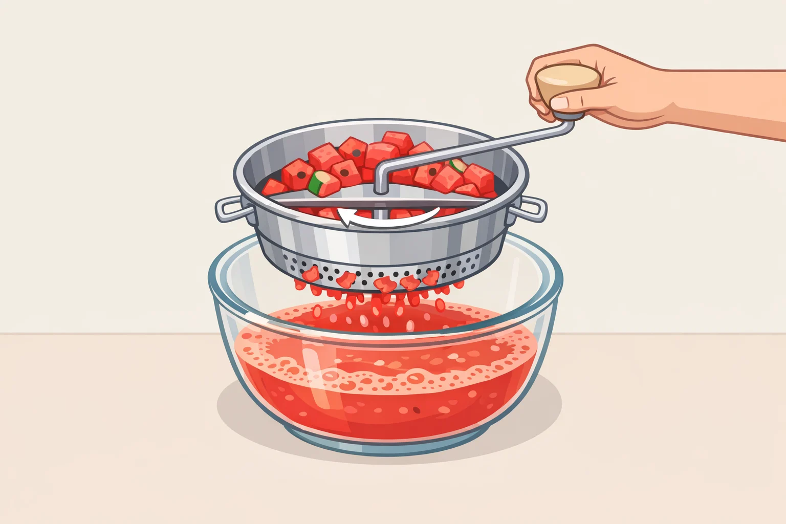 Close-up of a food mill fitted with the largest disk grinding diced watermelon into smooth juice for the cosmopolitan base.