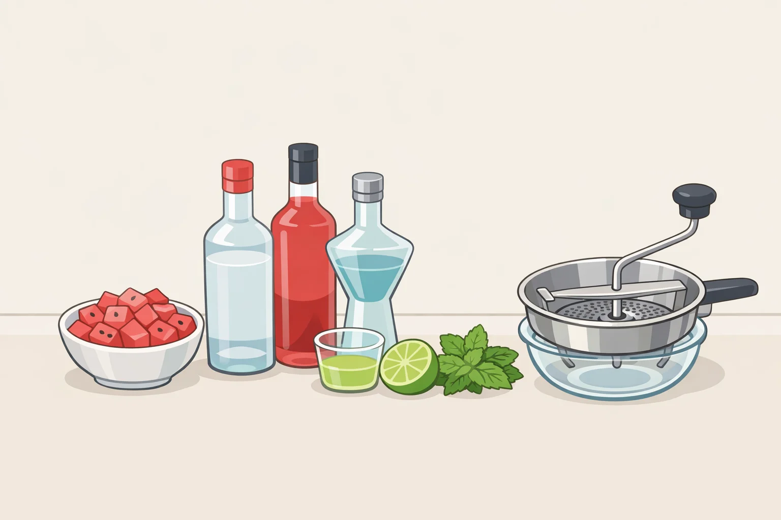 Ingredients and equipment for Ina Garten watermelon cosmopolitan recipe: diced watermelon, vodka, Cointreau, fresh lime juice, mint sprigs, plus a food mill, pitcher, shaker, and martini glasses.