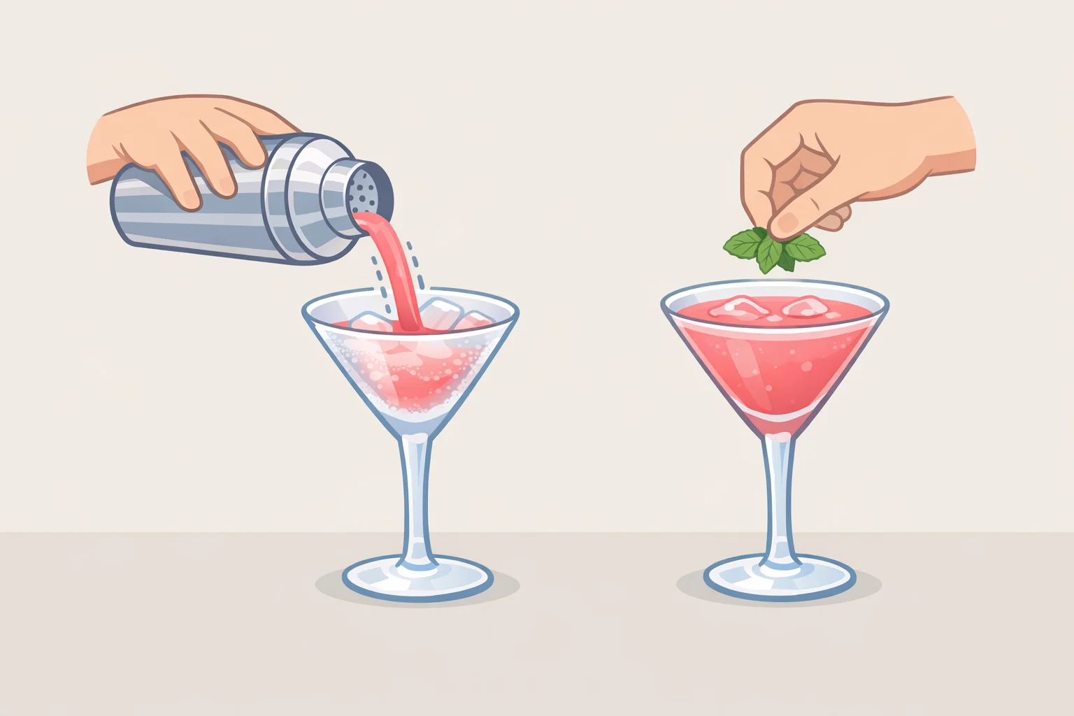 Hands shaking an icy cocktail shaker for 30 seconds and pouring the watermelon cosmopolitan into a chilled martini glass with a mint sprig garnish.