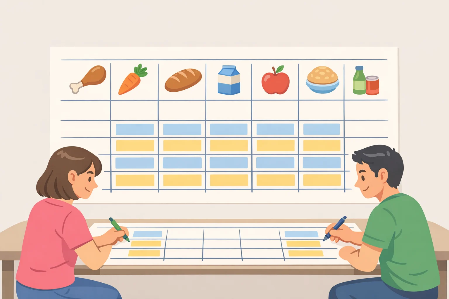 Worksheet table with columns for Meal, Role, Fixed or flexible, Current price/serving, Substitute candidate, and Substitute price/serving to track how to save money on groceries when food prices rise