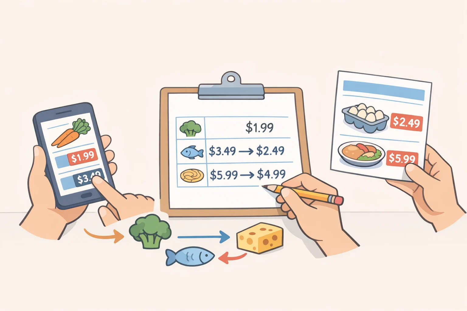 Person scrolling a grocery store app and entering current price and substitute price per serving into a meal-role worksheet