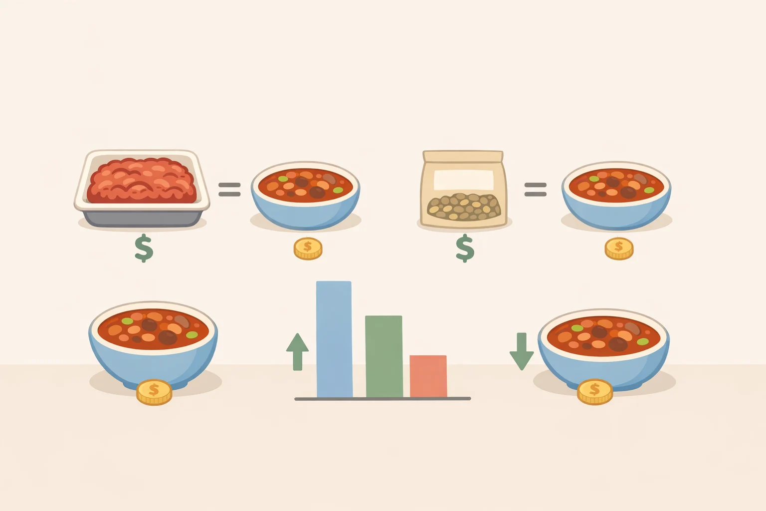 Side-by-side price-per-serving math comparing ground beef and canned or dried lentils for the protein role in a chili