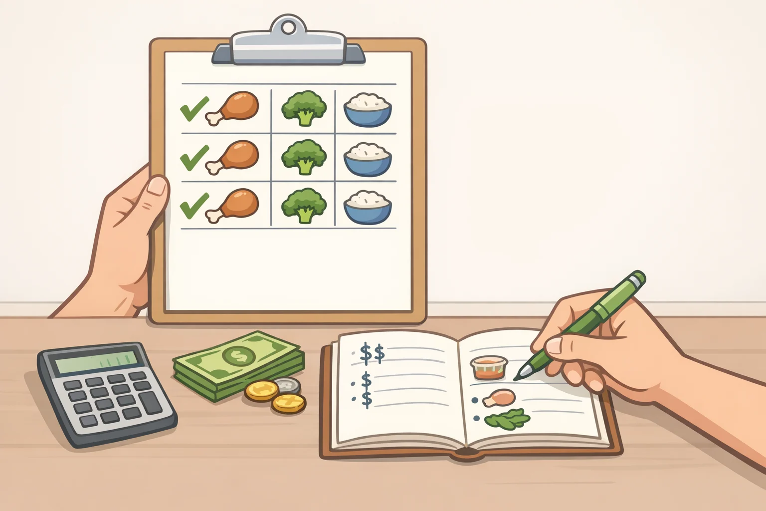 Checklist screen confirming each meal has acceptable protein, produce, and starch components, with notes for what was actually spent and any unused perishables