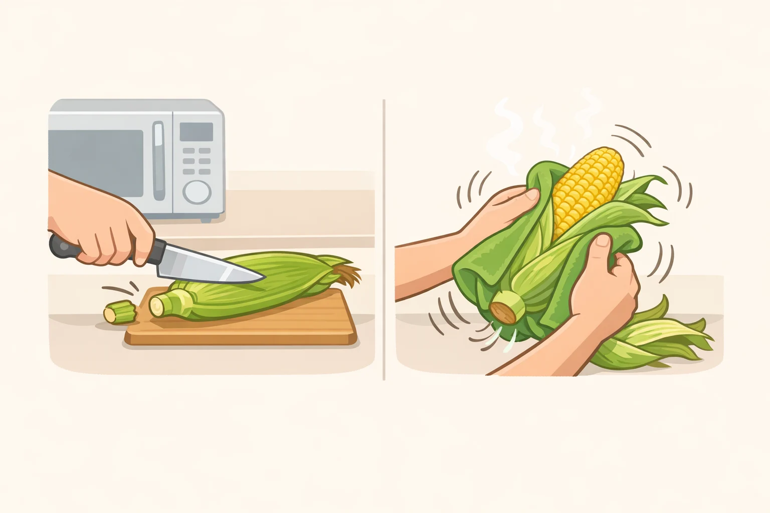 Illustration of trimming the stalk end, microwaving the corn for 2–4 minutes, and using an oven mitt or towel to shake the cob out safely