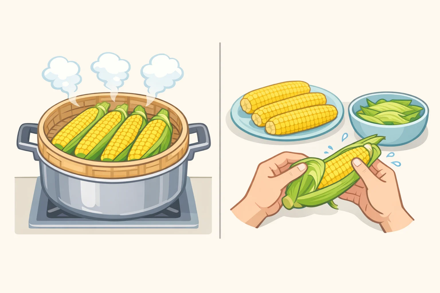 Cartoon-style step showing a steamer basket with multiple corn ears steaming over water, followed by lifting with oven mitts and peeling the loosened husk